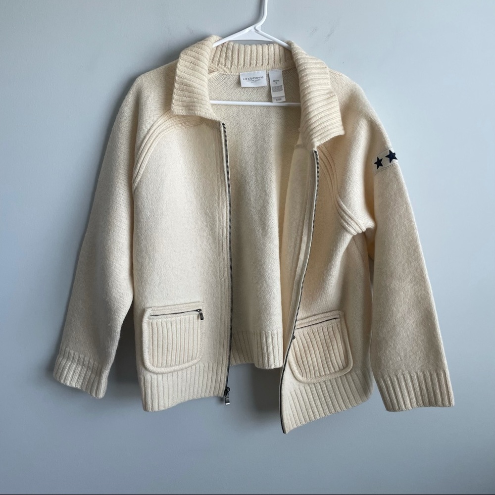 Liz Claiborne Petite Cream Star Wool Zip Sweater